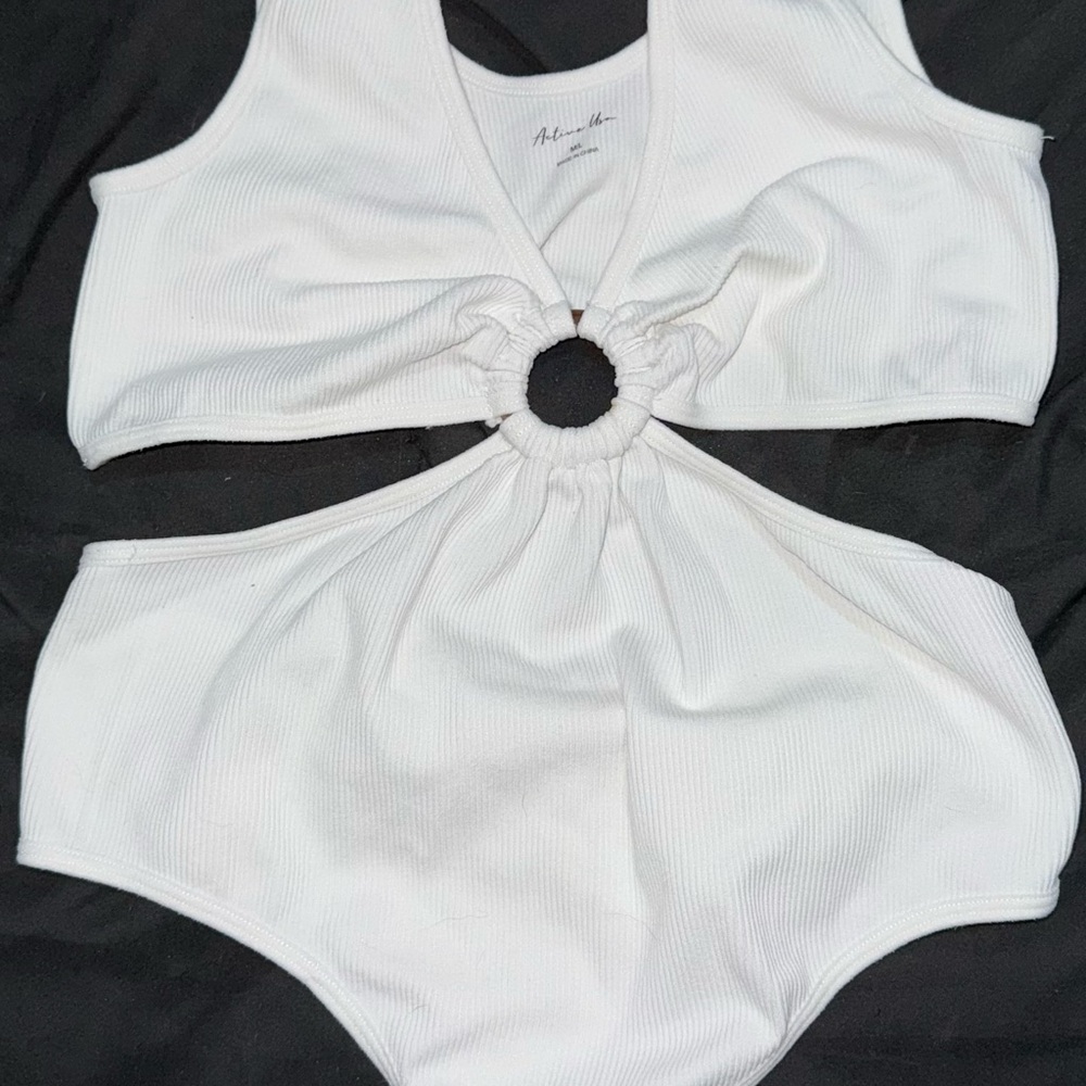 Active USA White Ribbed Cutout Bodysuit